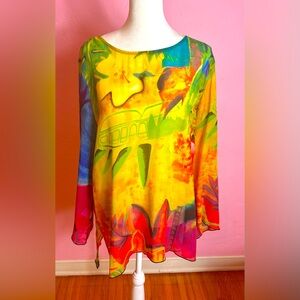 Chico’s Sheer 100% Silk Blouse, Multicolored Design, Vintage, Great Condition